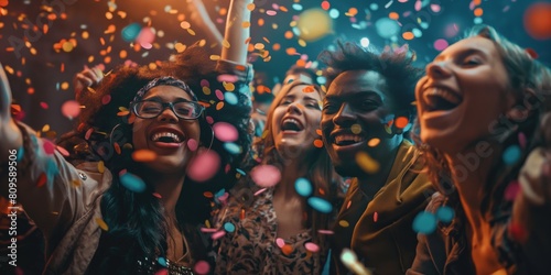 High-energy party scene with vibrant confetti and obscured face portraits