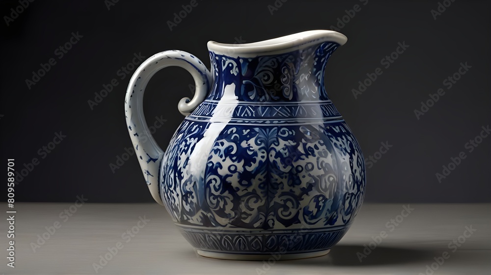 A ceramic jug with intricate blue patterns, pouring a cascade of sparkling water into a crystal-clear basin A ceramic jug with intricate blue patterns, pouring a cascade of sparkling water into a crystal-clear basin