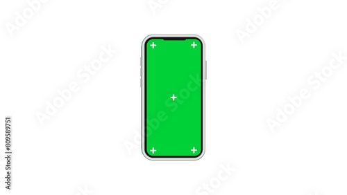 Mobile phone with blank green screen, front view, with for tracking isolated on white background. 4K animation