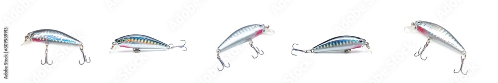 Set of illustrations of a collection of fish shaped plug lures in blue, silver sparkles and slight red with 3-way hooks. Fishing equipment isolated on white background. Set of illustrations of a collection of fish shaped plug lures in blue, silver sparkles and slight red with 3-way hooks. Fishing equipment isolated on white background.