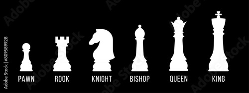 A sleek vector illustration featuring a set of white chess pieces with labeled names, isolated on a black background
