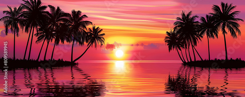 tropical sunset illustration with palm trees and calm water reflecting the pink sky