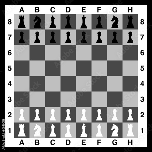 Vector illustration depicts a chessboard set up for a game, with all the black and white chess pieces positioned on their squares