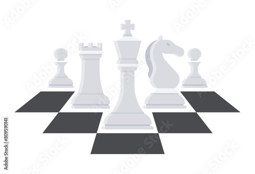 A set of white chess pieces with a black chessboard pattern