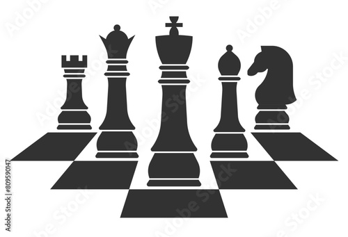 Set of black chess pieces with black chessboard pattern © lukpedclub
