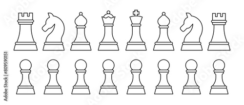 A complete set of chessboard pieces illustrated in a line style vector graphic © lukpedclub