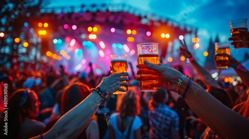 A crowd at a music festival in California, faces illuminated by colorful stage lights as they enjoy local craft beers