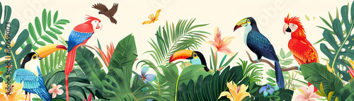 tropical wildlife illustration featuring a variety of colorful birds and flowers against a white wall