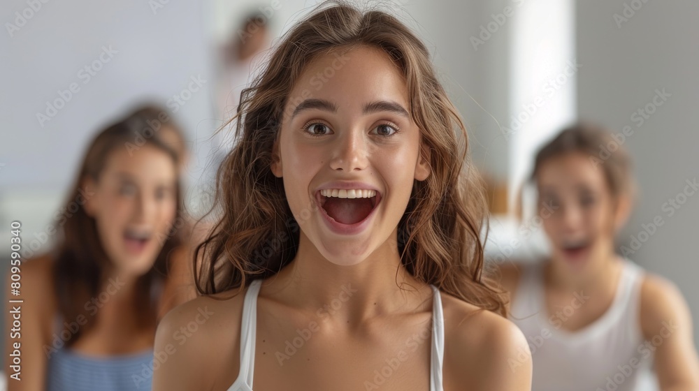 An expressive young woman with a wide open-mouthed smile, other girls blurred behind
