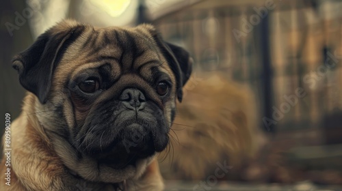 Sad pug dog on the street.