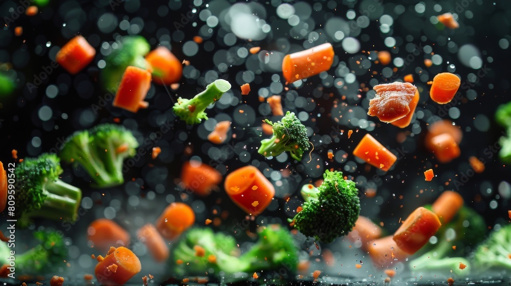 An action shot capturing assorted vegetables and water droplets in mid-air An action shot capturing assorted vegetables and water droplets in mid-air