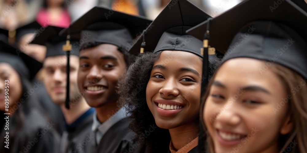 Fototapeta premium Group of diverse graduates with beaming smiles, celebrating academic success at their graduation ceremony
