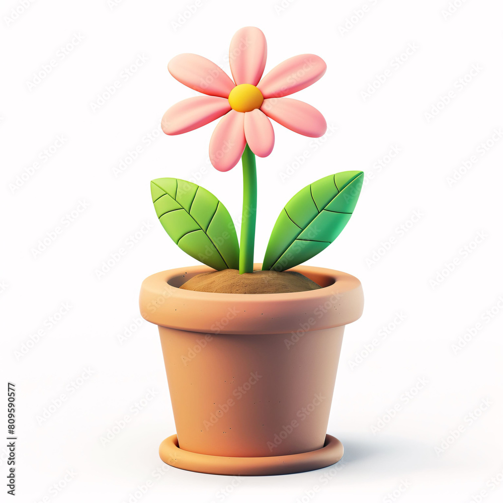 Cute green plants blooming in flower pot 3D illustration, gardening home concept element Cute green plants blooming in flower pot 3D illustration, gardening home concept element