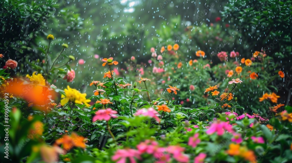 Vibrant garden flowers being drenched in a summer rain, showcasing the beauty of nature in wet weather