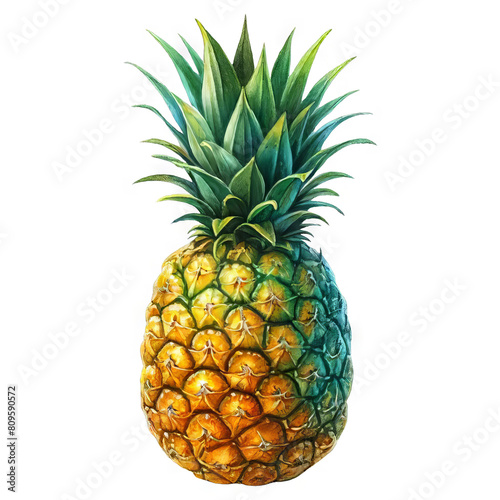 A digital painting of a pineapple. The pineapple is yellow and green, with a spiky top. It is sitting on a black background.