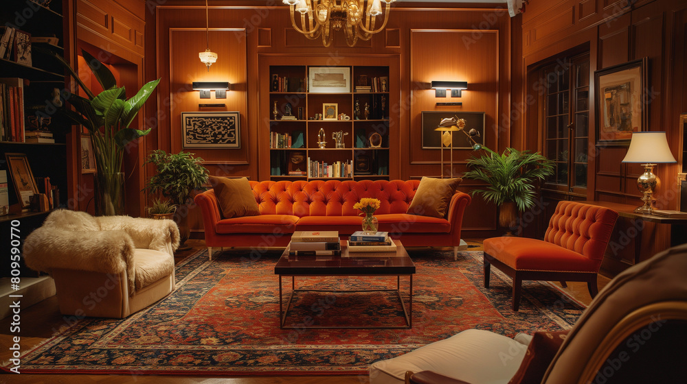Luxurious Library Room with Velvet Furniture and Rich Wooden Paneling