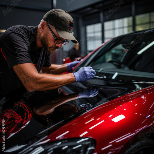 Illustrate a technician applying a paint sealant to a luxury sedan, focusing on the hands-on process and the protective layer being added for a long-lasting
