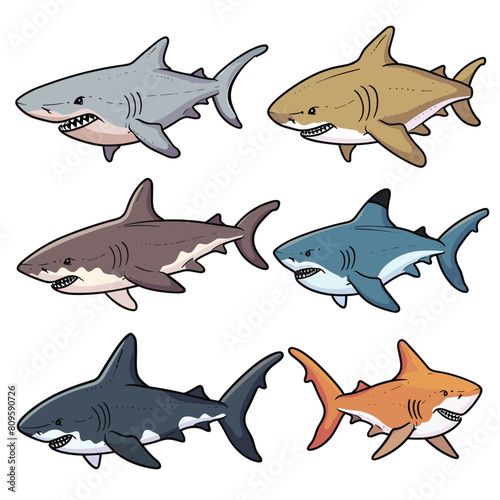 Six cartoon sharks illustrated various colors, depicting different species. Sharks sharp teeth, swimming, illustrated simplified comic style. Ocean predators rendered vibrant hues against isolated