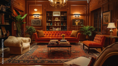 Luxurious Library Room with Velvet Furniture and Rich Wooden Paneling