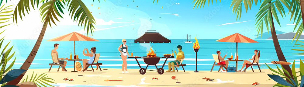 summer beach barbecue illustration featuring a wooden table and chairs, a yellow umbrella, and a clear blue sky