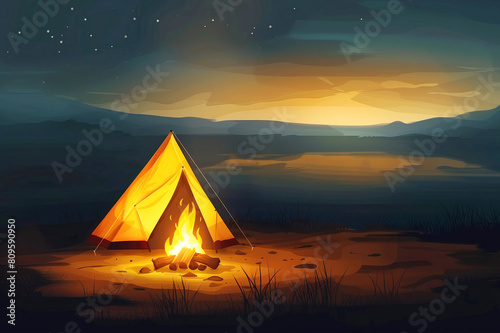 Tent and fire on the shore of a pond, evening mountain landscape