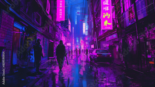 Crowded urban scene in a neon-lit Asian city