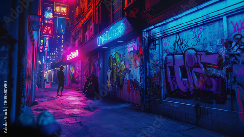 Lone figure walking in a vividly lit neon alley