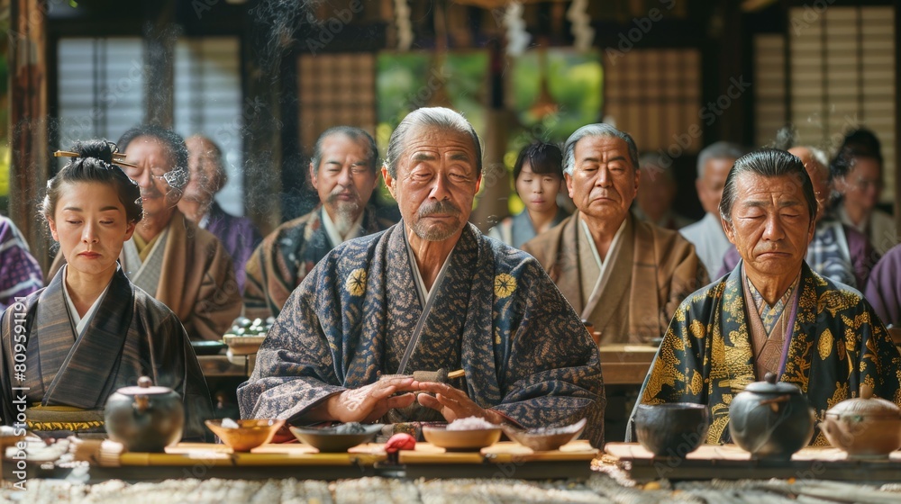 A sake ceremony in a small village in Japan, participants wearing traditional attire, their expressions respectful and solemn A sake ceremony in a small village in Japan, participants wearing traditional attire, their expressions respectful and solemn