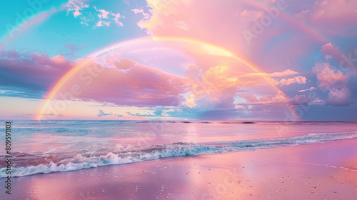 After the rain  the beautiful rainbow paints the sky. It s a stunning sight against the pink clouds. Enjoy the sunrise view on the beach.