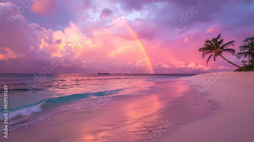 After the rain, the beautiful rainbow paints the sky. It's a stunning sight against the pink clouds. Enjoy the sunrise view on the beach. photo