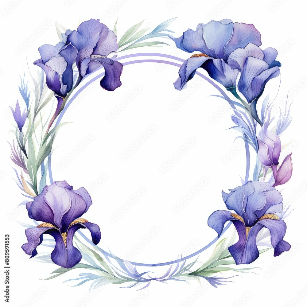 iris themed frame or border for photos and text. purple and blue blooms.. watercolor illustration, white color background. for weddings, greetings, cards, prints. iris themed frame or border for photos and text. purple and blue blooms.. watercolor illustration, white color background. for weddings, greetings, cards, prints.