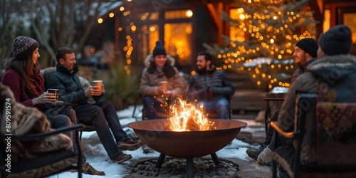 Close group of friends enjoying a cozy bonfire at a backyard winter gathering with soft lights