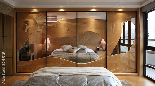Wooden wardrobe with glossy sliding doors in minimalist style interior design of modern bedroom.