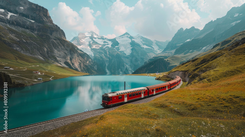Crimson train glides past tranquil lake amidst breathtaking Swiss mountains
