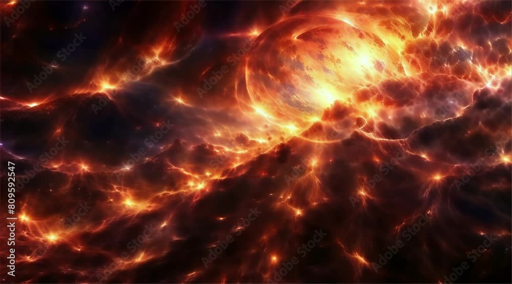 Earth's sun in outer space. Solar surface with powerful bursting flares. Solar storm motion in space. Earth's sun in outer space. Solar surface with powerful bursting flares. Solar storm motion in space.