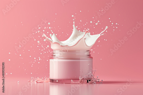 Cream jar open of moisturizer for the body on soft pink background, blank package for skin care product
