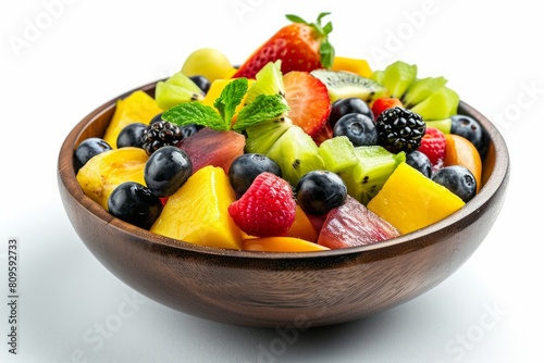 Exotic fruit salad photo on white isolated background