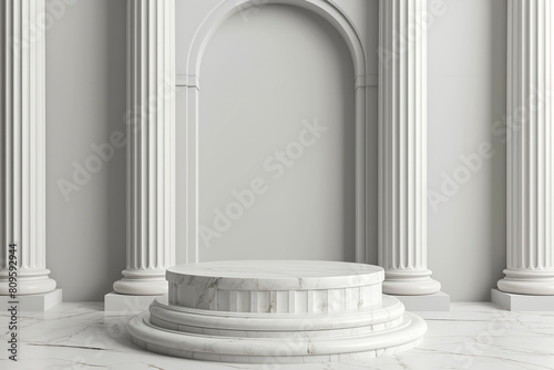 Exhibition stand, podium in the form of classic Greek Ionic pillars. Mockup with marble product podium for cosmetics display.