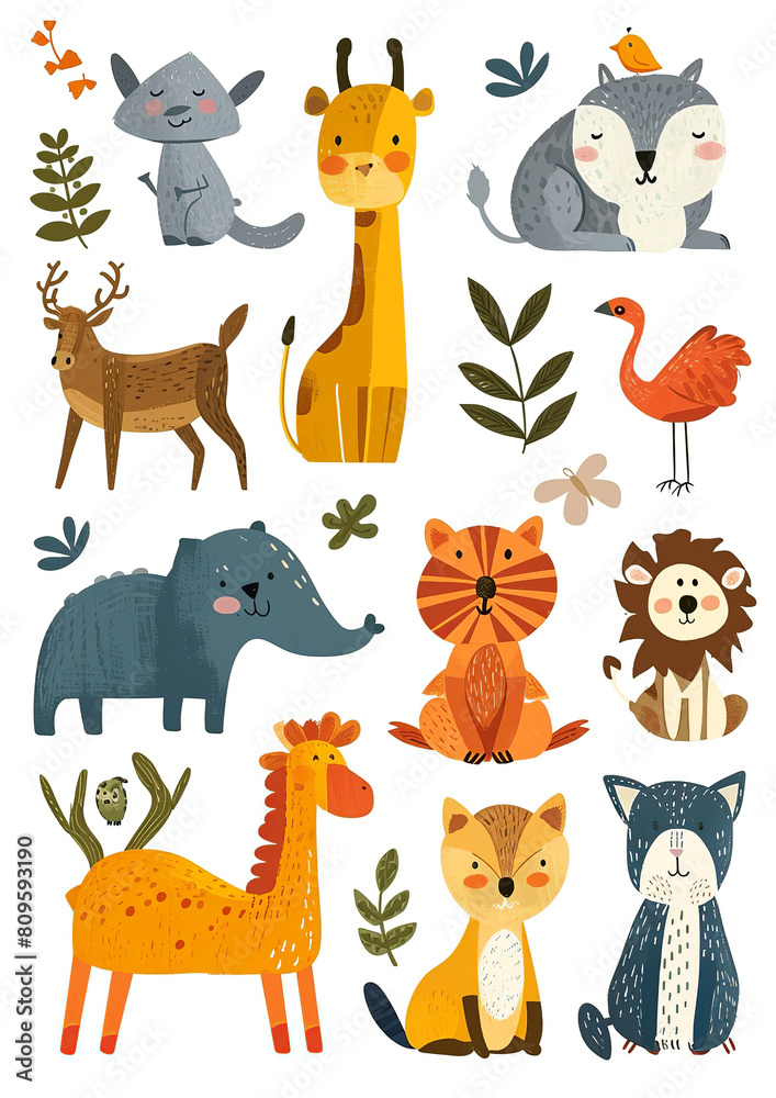 Obraz premium Set of Cute Cartoon Animals on a white background.