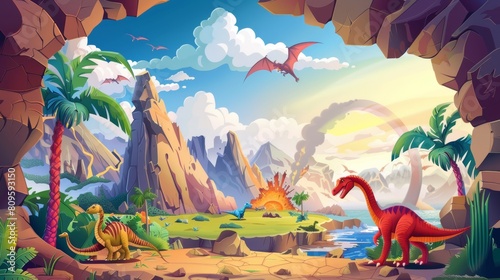 Stone cave entrance with summer landscape with dinosaurs and volcano eruption outside. Modern cartoon land with mountains and smoke.