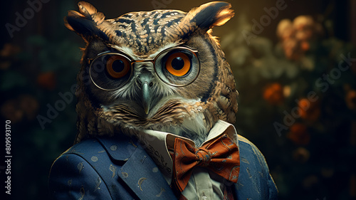 Visualize a sophisticated owl in a tailored vest, complete with a silk bow tie photo