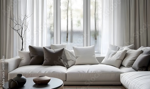 Sofa with grey pillows near window dressed with curtain. Minimalist interior design of modern living room, home.