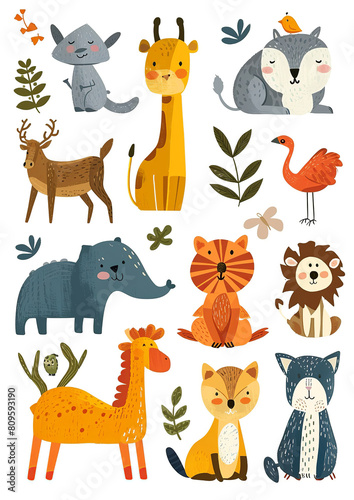 Set of Cute Cartoon Animals on a white background.