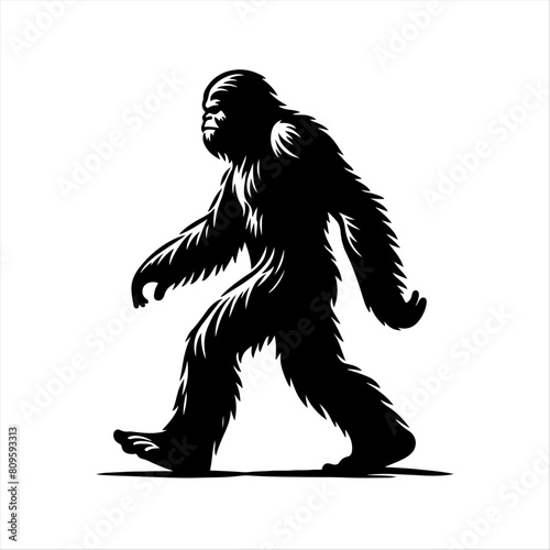 Black and white silhouette of a walking sasquatch (bigfoot)	