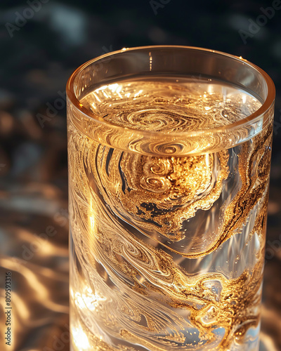 Close up cilinder of transparent crystal with abstract golden engravings, magical, fantasy photo