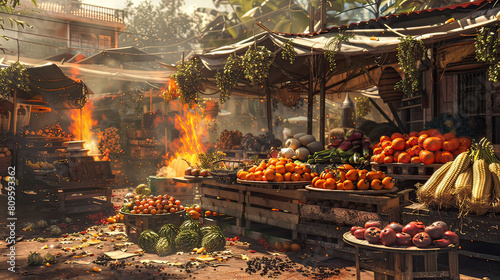 A vivid and intense image of a fruit market with stands engulfed in flames, creating a chaotic and dramatic scene.