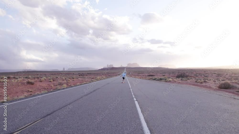Young Man Practicing Longboarding On Asphalt Road With View Of Monument Valley In Arizona, USA. drone shot