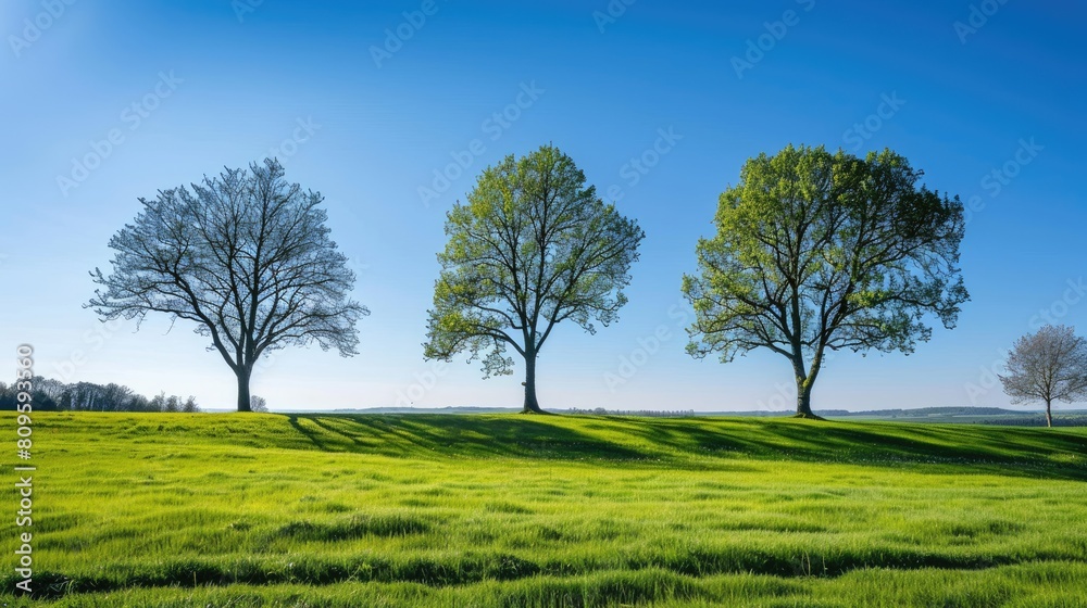 Trees with green grass under a clear blue sky Trees with green grass under a clear blue sky