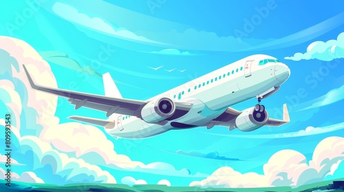 Airplane flying in the sky with clouds. Various concepts related to travel, commercial aviation, delivery of cargo, and journeys. Modern cartoon illustration of flying big white airplane.