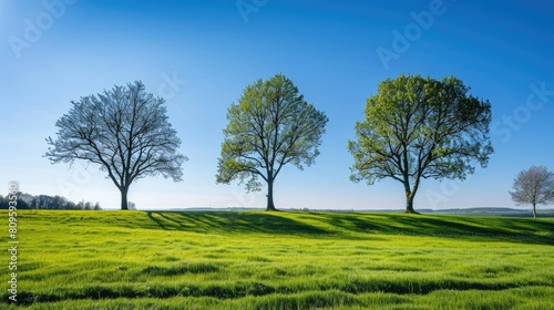 Trees with green grass under a clear blue sky
